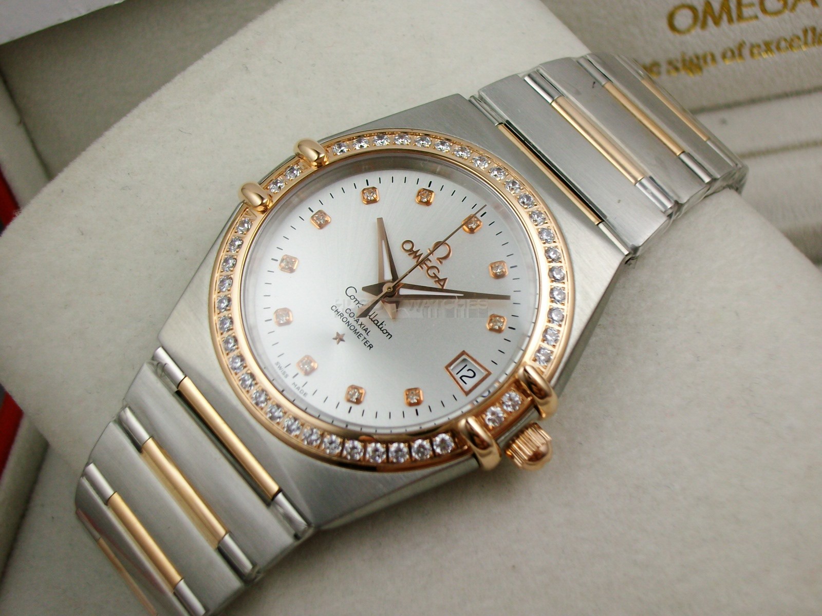 Omega Constellation Chronometer Swiss 2824 Ladies Automatic Rose Gold Diamond Bezel