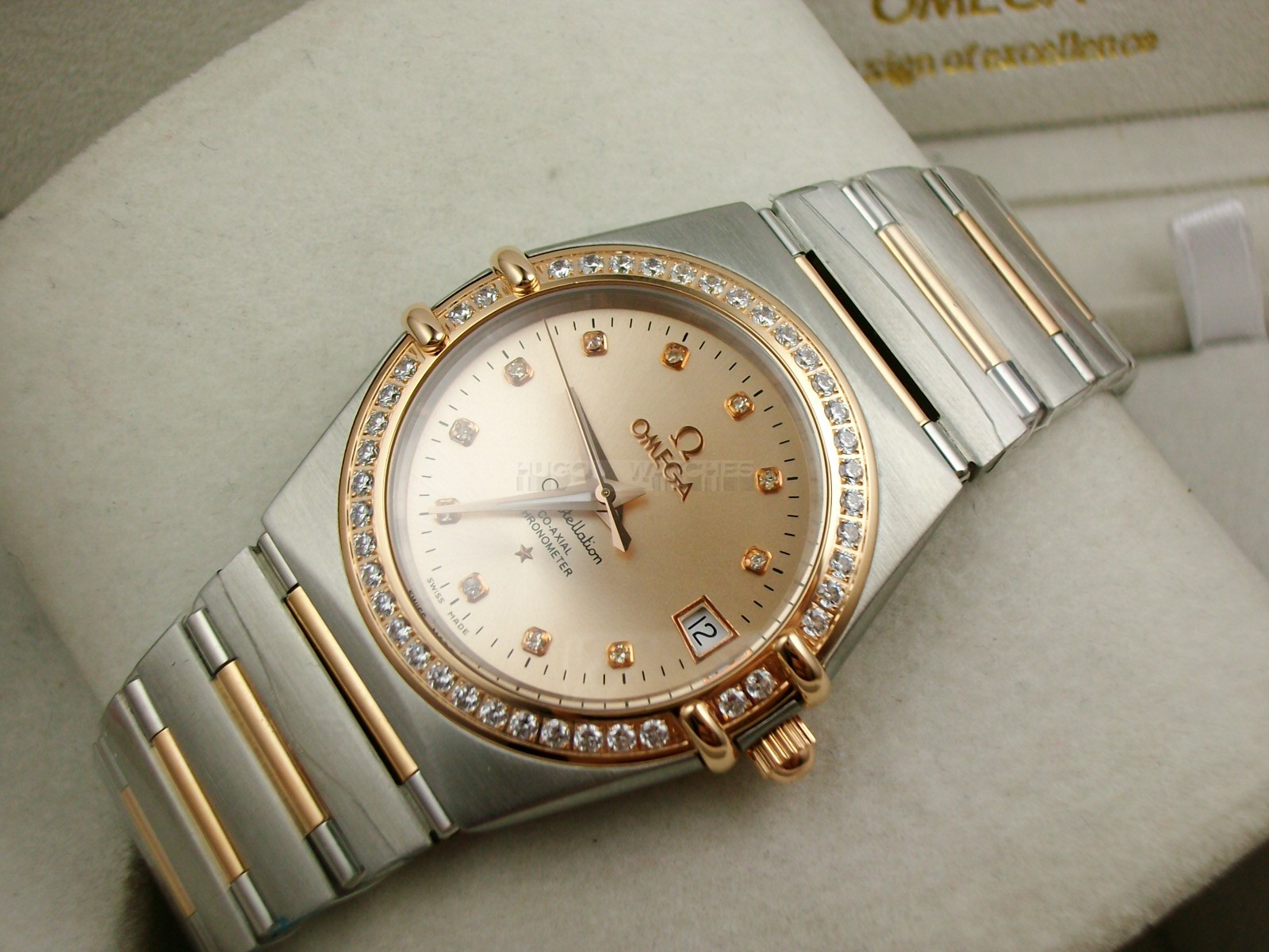 Omega Constellation Chronometer Swiss 2824 Ladies Automatic Rose Gold Diamond Bezel