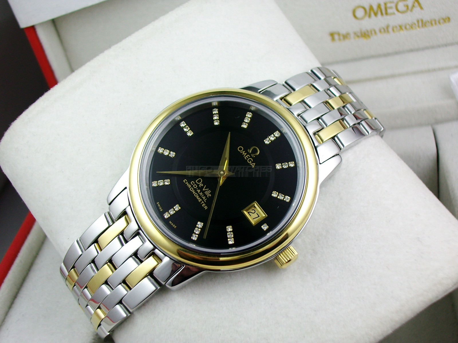 Omega De Ville Swiss 2824 Mens Automatic Black Dial Diamond Stick Markers Gold