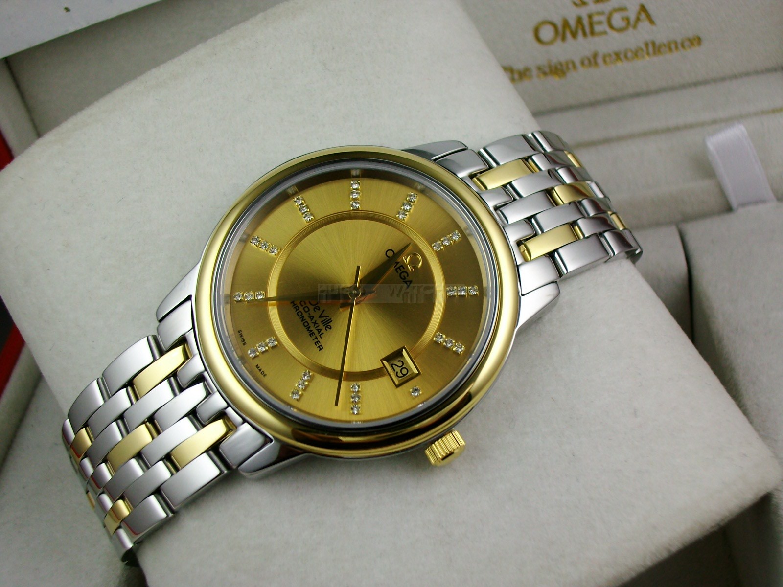 Omega De Ville Swiss 2824 Mens Automatic Gold Dial Diamond Stick Markers Gold