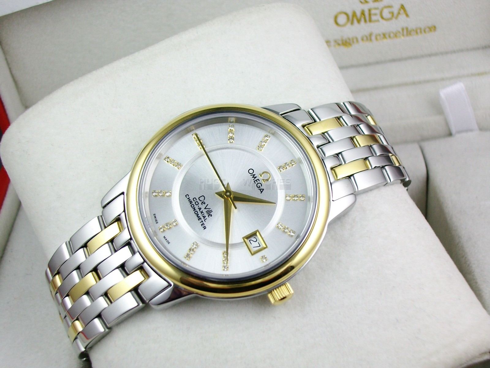 Omega De Ville Swiss 2824 Mens Automatic White Dial Diamond Markers Gold