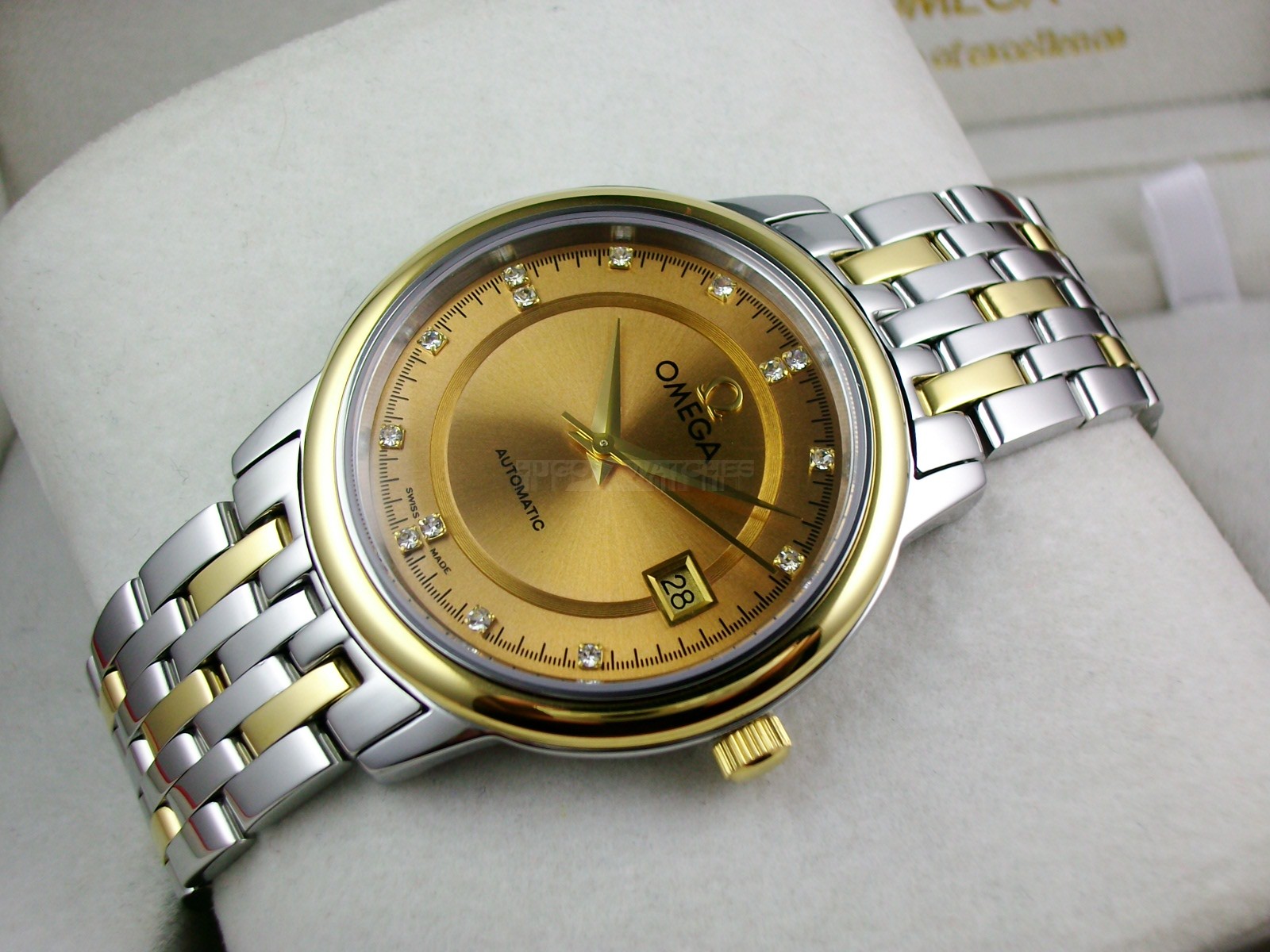 Omega De Ville Swiss 2824 Mens Automatic Gold Dial Diamond Markers Gold