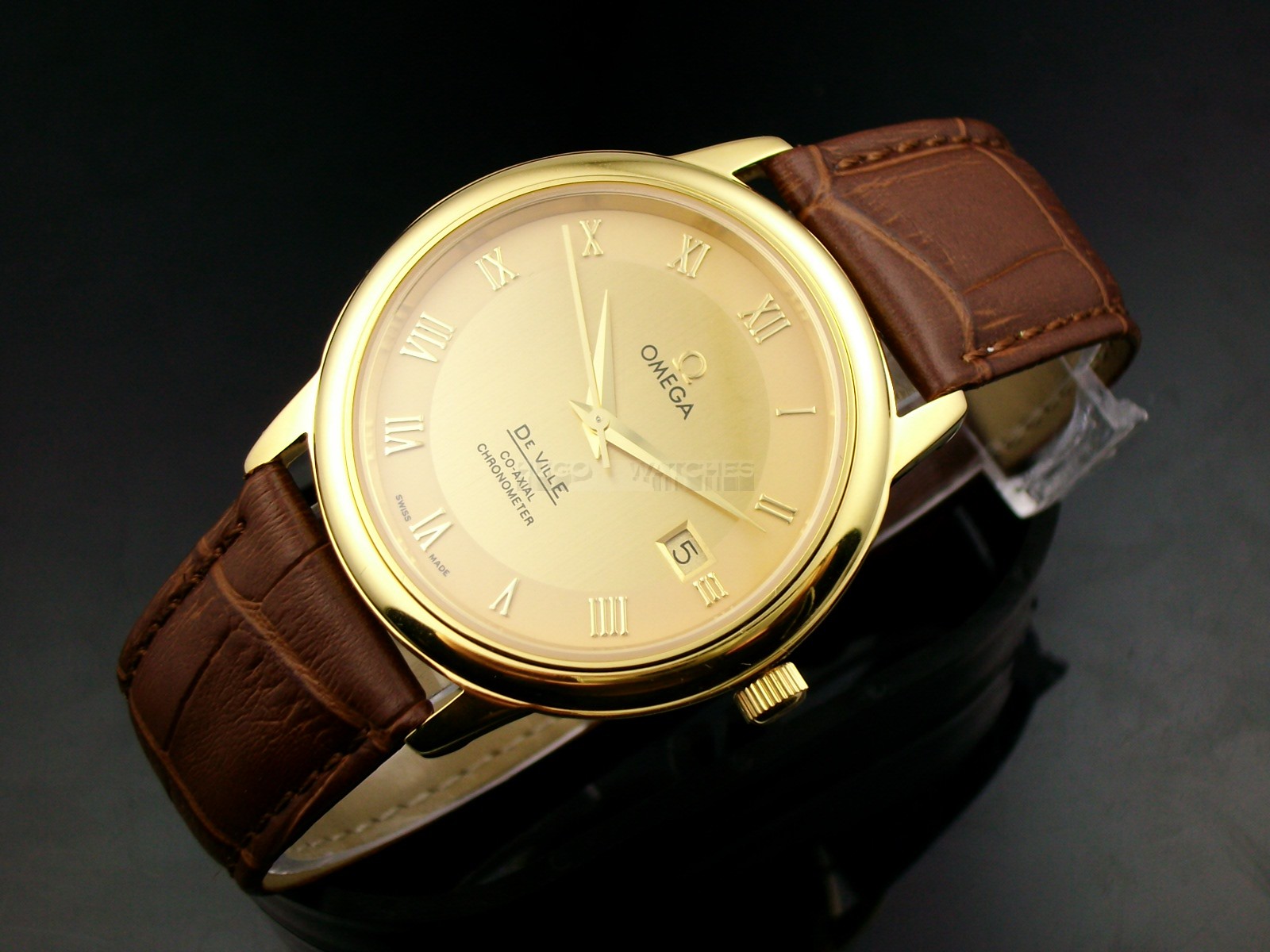 Omega De Ville Swiss 2824 Mens Automatic Gold Dial Roman Markers Gold