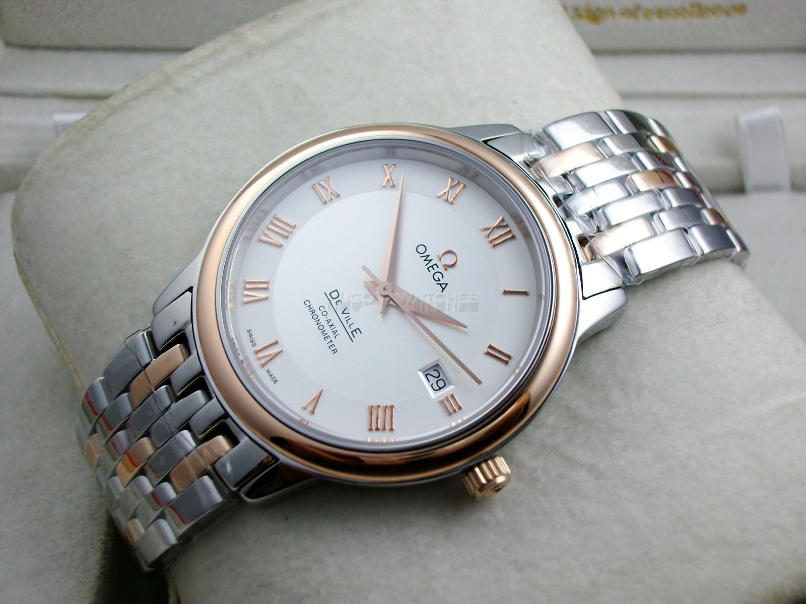 Omega De Ville Swiss 2824 Mens Automatic White Dial Roman Numeral Markers Rose Gold