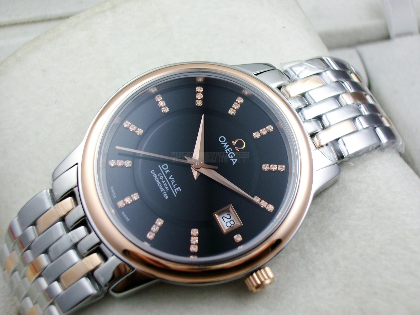 Omega De Ville Swiss 2824 Mens Automatic Black Dial Diamond Stick Markers Rose Gold