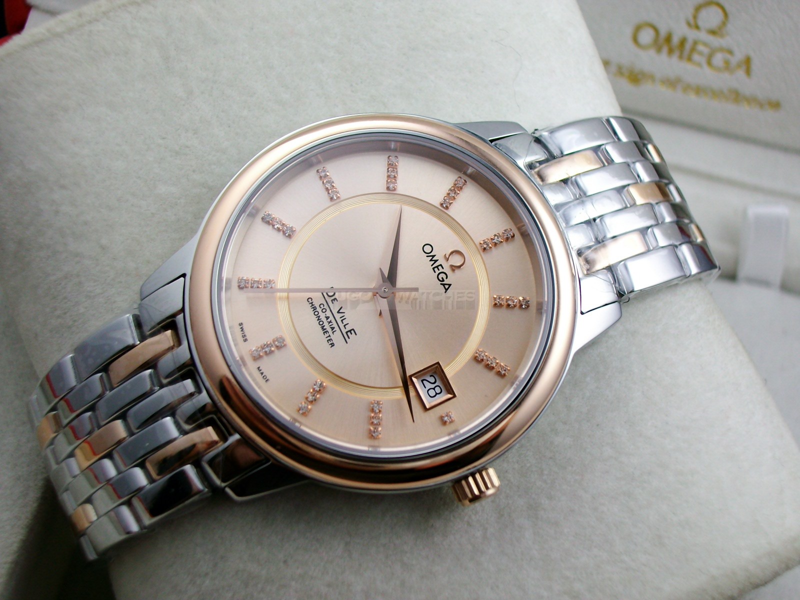 Omega De Ville Swiss 2824 Mens Automatic Rose Gold Dial Diamond Stick Markers Rose Gold