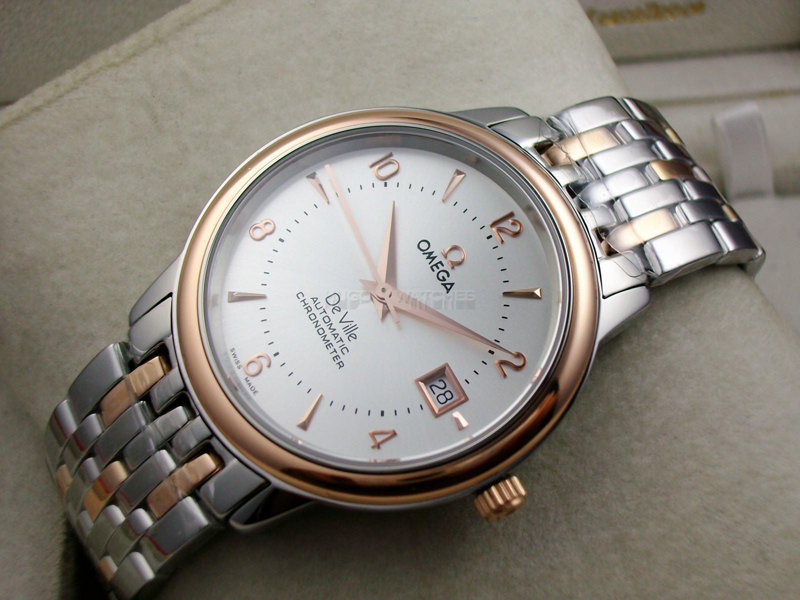 Omega De Ville Swiss 2824 Mens Automatic White Dial Numeral Markers Rose Gold