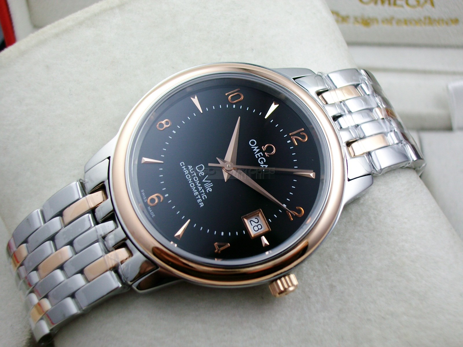 Omega De Ville Swiss 2824 Mens Automatic Black Dial Numeral Markers Rose Gold