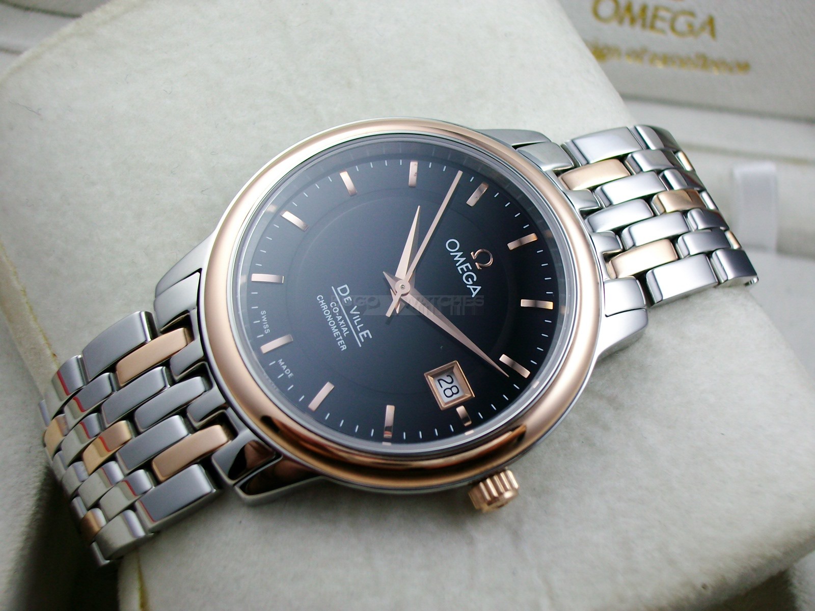 Omega De Ville Swiss 2824 Mens Automatic Black Dial Stick Markers Rose Gold