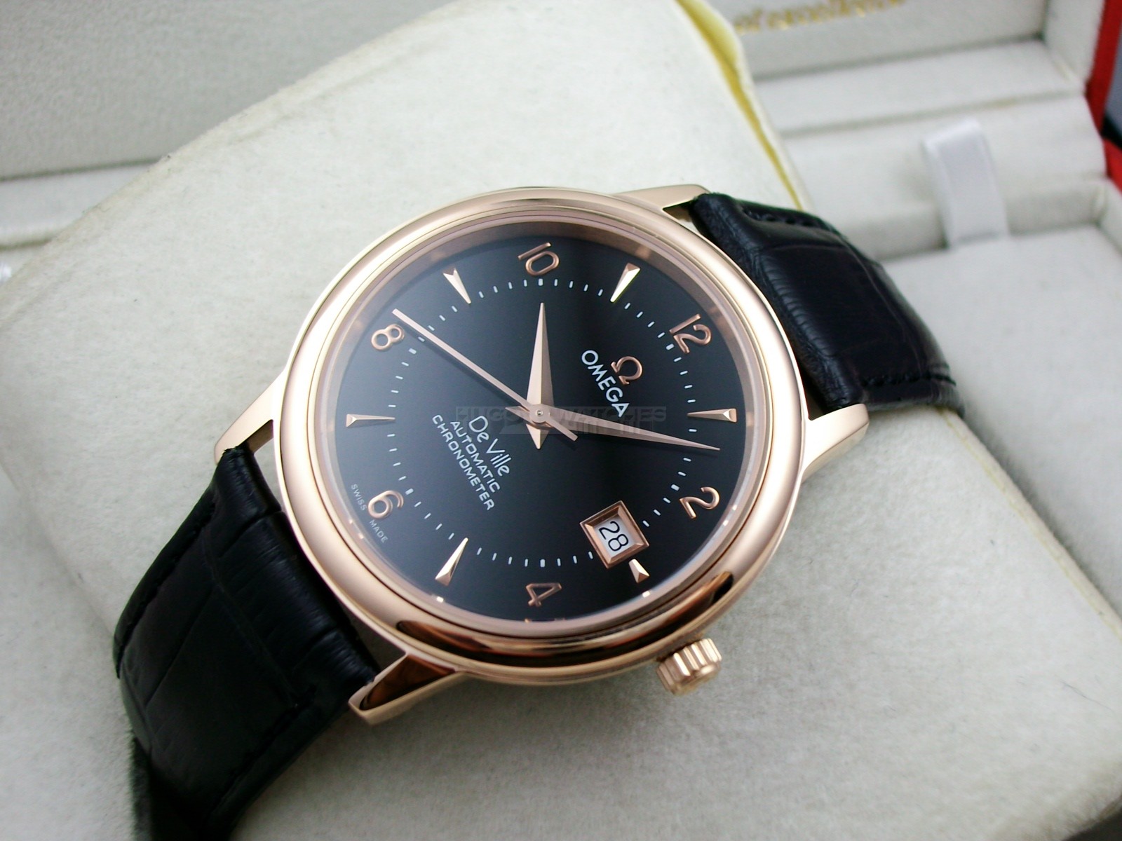 Omega De Ville Swiss 2824 Mens Automatic Black Dial Numeral Markers Rose Gold