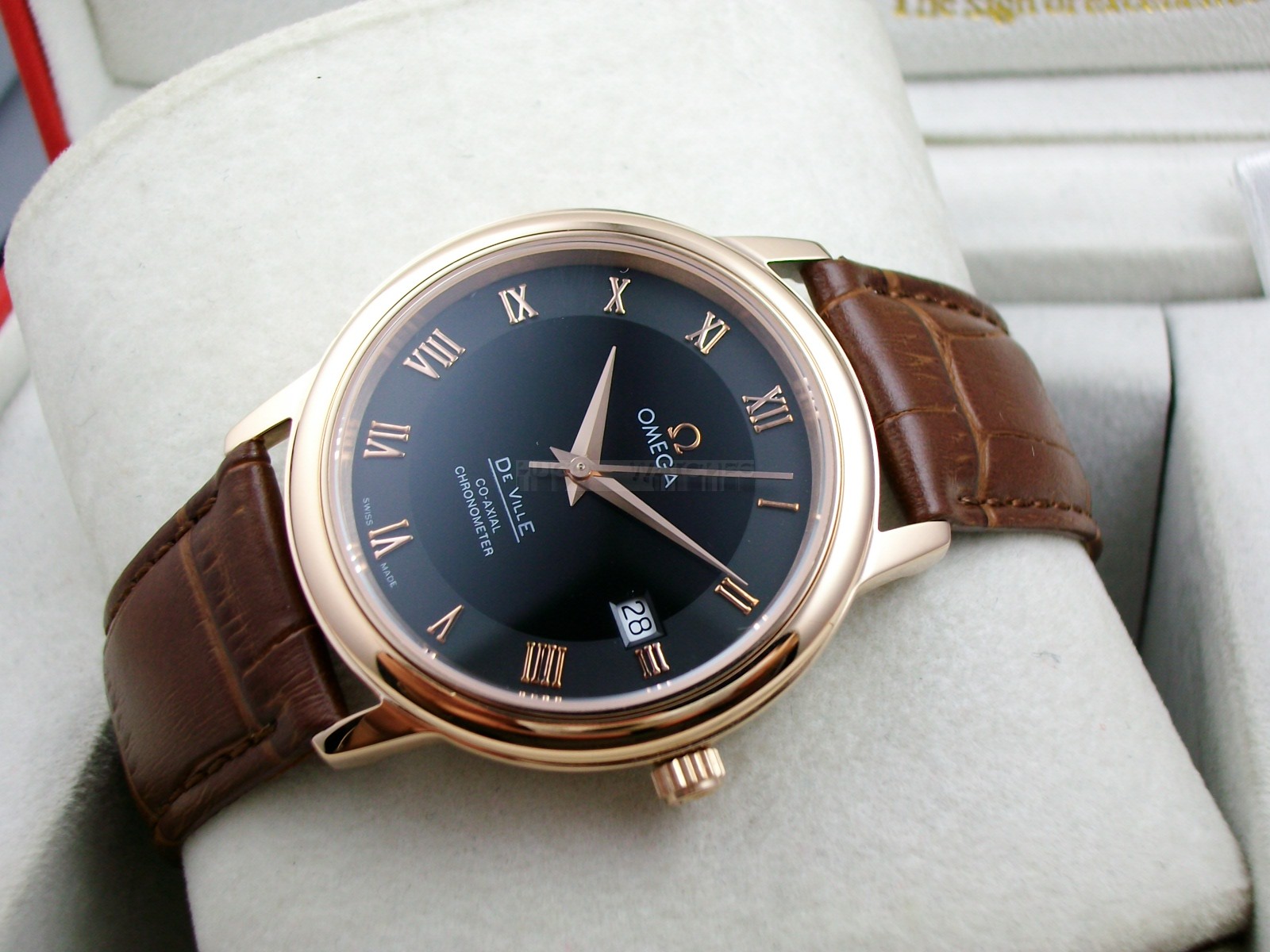 Omega De Ville Swiss 2824 Mens Automatic Black Dial Roman Markers Rose Gold