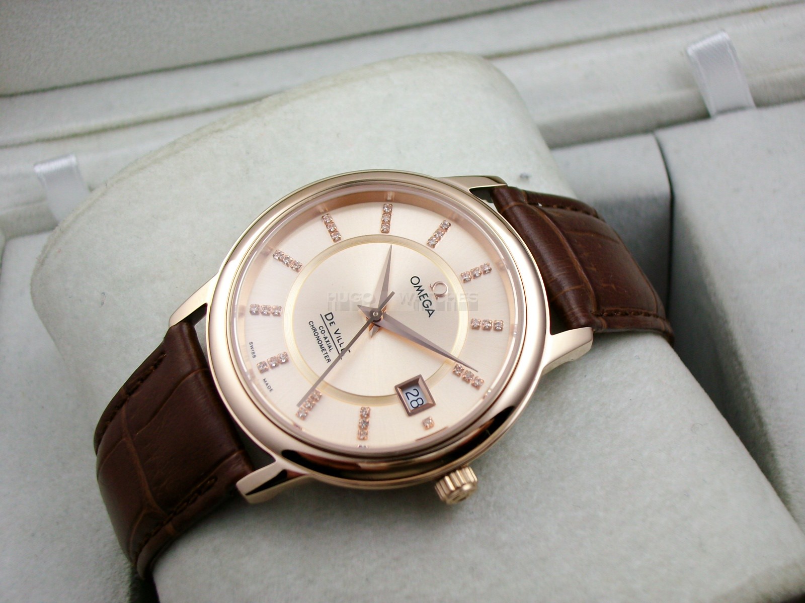 Omega De Ville Swiss 2824 Mens Automatic Rose Gold Dial Diamond Stick Markers Rose Gold