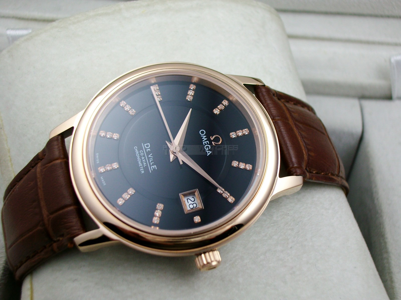 Omega De Ville Swiss 2824 Mens Automatic Black Dial Diamond Stick Markers Rose Gold