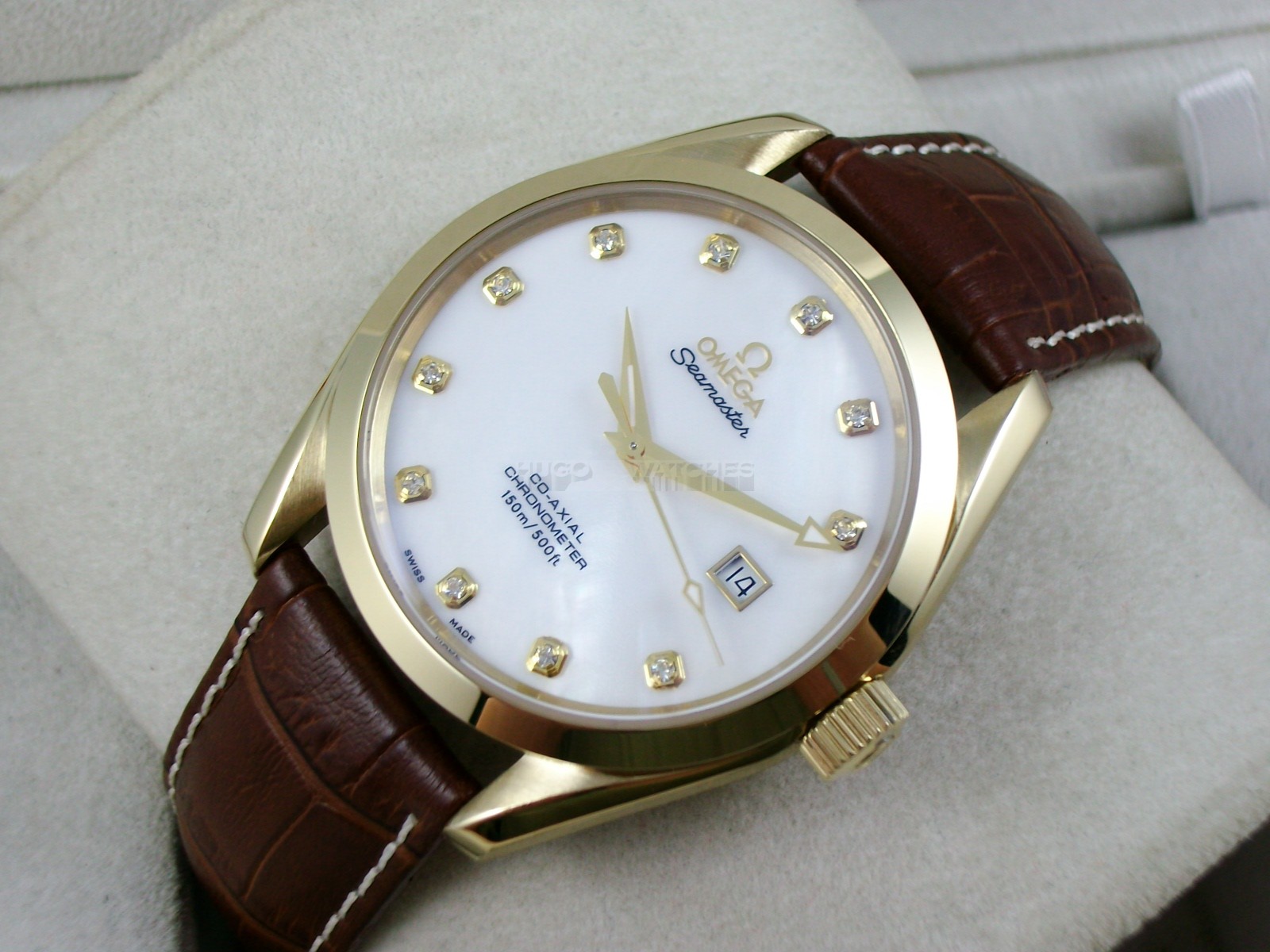 Omega Seamaster Swiss 2824 Mens Automatic White Dial Diamond Markers Gold