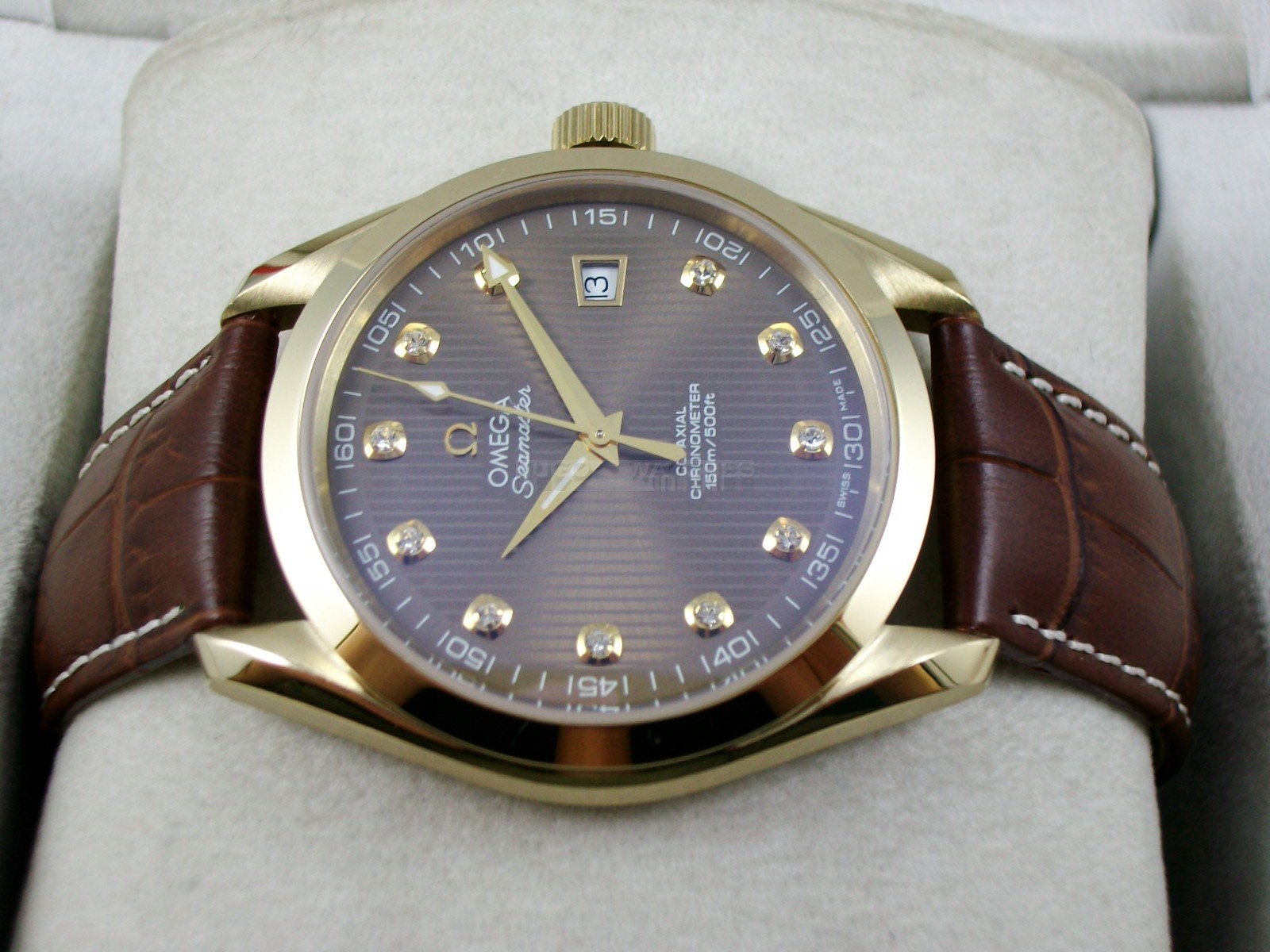 Omega Seamaster Swiss 2824 Mens Automatic Brown Dial Diamond Markers Gold