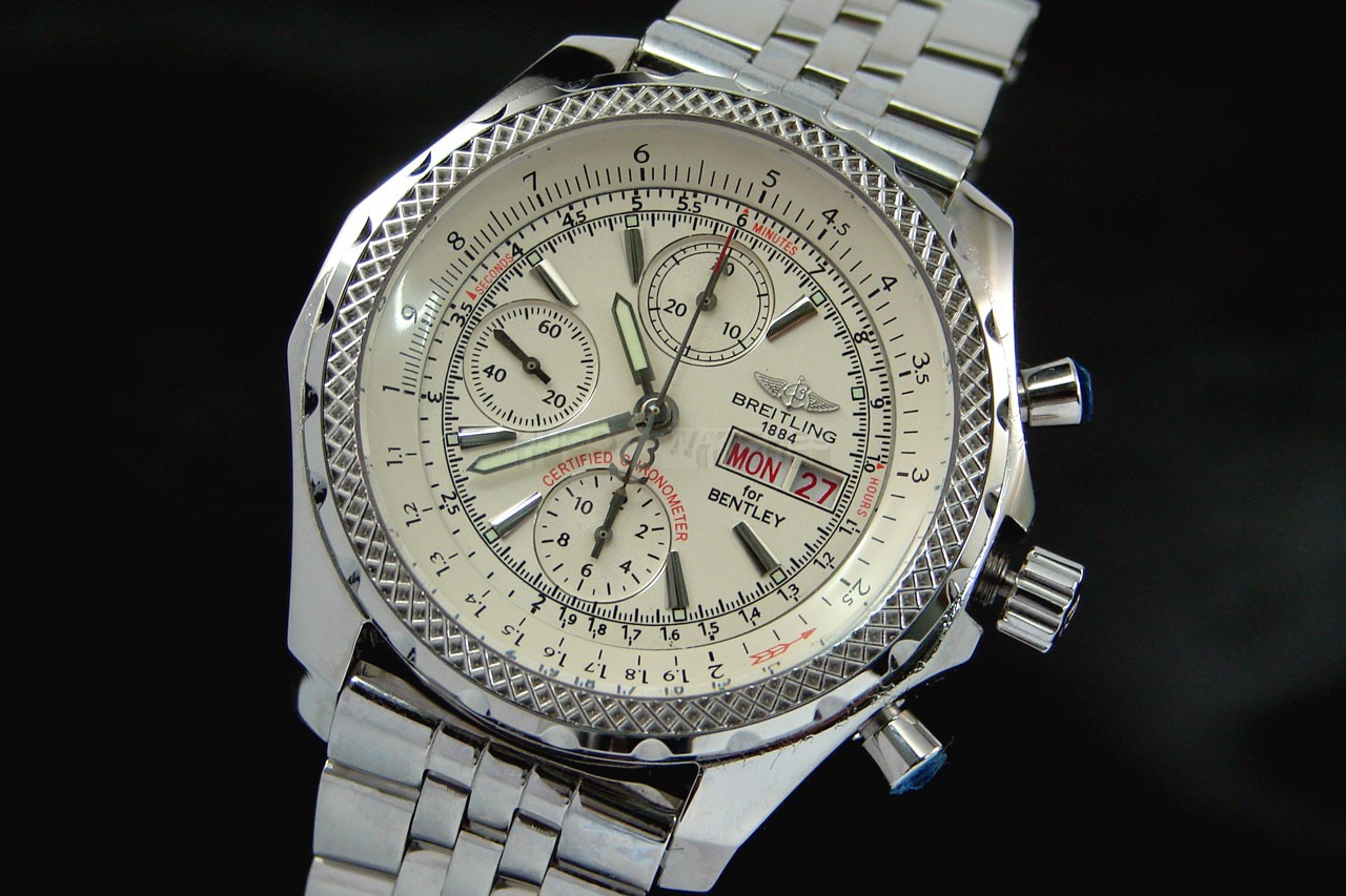 Breitling Bentley Chronograph Swiss 7750 Mens Automatic White Dial Day-Date