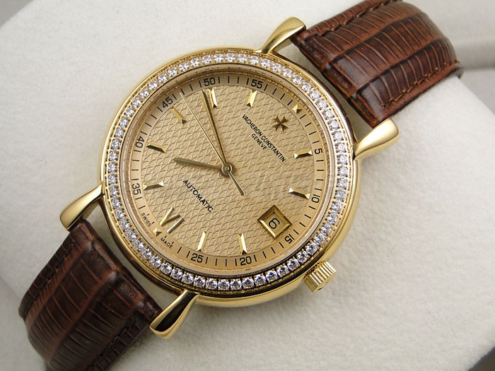 Vacheron Constantin Patrimony Swiss 2824 Automatic Gold Dial Stick Markers Diamond Bezel Gold 