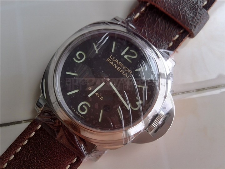 Luminor 8 Days Black Dial Panerai Handwound Watch Dark Brown Strap