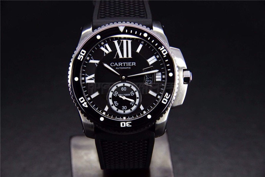 Cartier Calibre De Cartier Automatic Watch Black Dial Rubber Strap