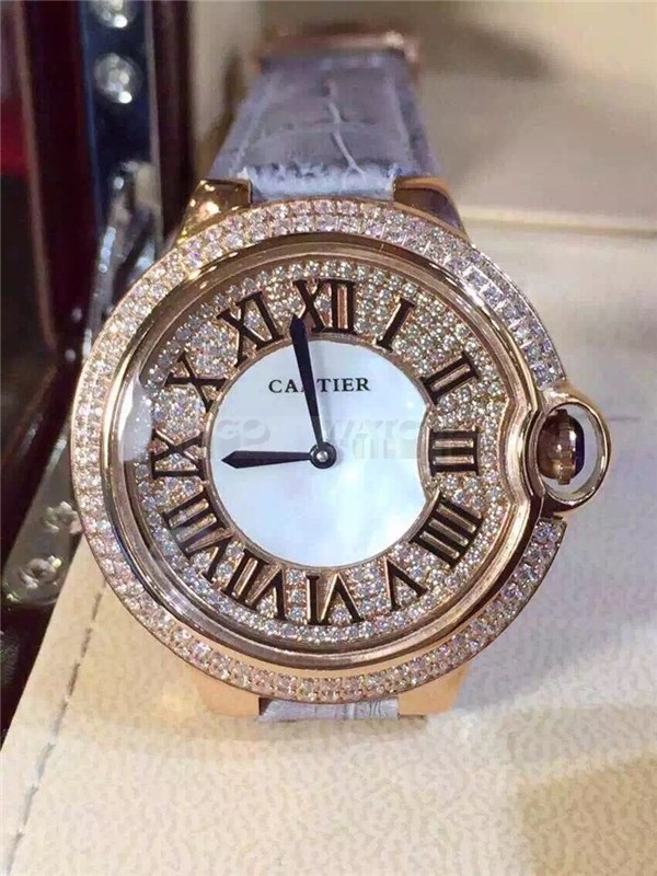 Cartier Ballon Bleu Swiss Quartz Full Diamonds Women watch-Roman Numeral Hour Markers-Leather Bracelet
