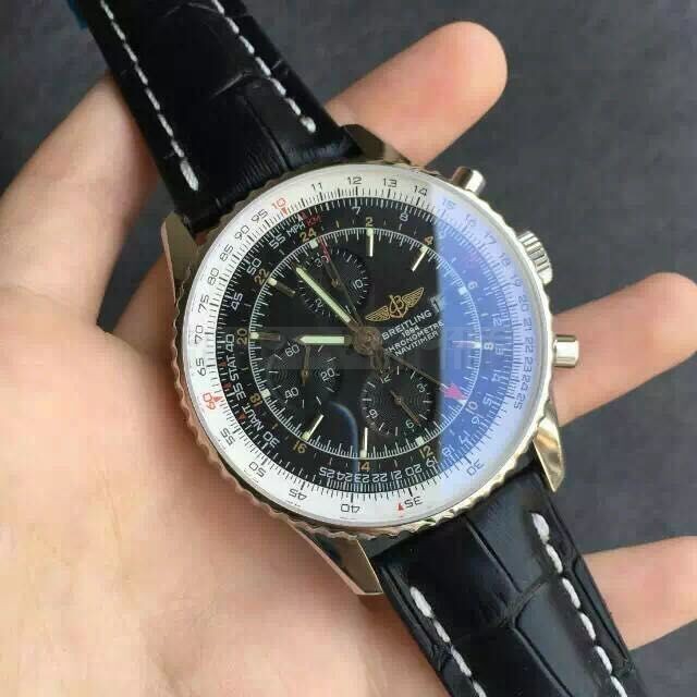 Breitling Navitimer Swiss 7750 Chronograph-Full Black Dial with Stick Markers-Black Leather Bracelet