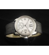 Cartier Calibre De Cartier Swiss 2824 Automatic White Dial Roman Numeral Markers Black Leather