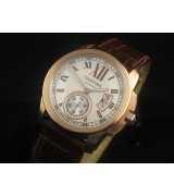 Cartier Calibre De Cartier Swiss 2824 Automatic White Dial Rose Gold Brown Leather