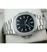 Patek Philipp Nautilus Swiss Automatic Watch Diamond Bezel Black Dial 