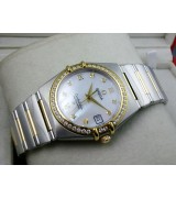 Omega Constellation Chronometer Swiss 2824 Ladies Automatic White Dial Diamond Bezel