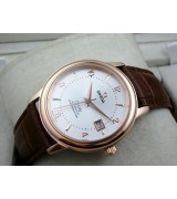 Omega De Ville Swiss 2824 Mens Automatic White Dial Numeral Markers Rose Gold