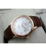 Omega De Ville Swiss 2824 Mens Automatic White Dial Roman Markers Rose Gold