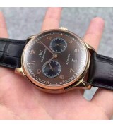 IWC Portuguese 7 Days Automatic Watch Rose Gold Brown Dial Black Leather 