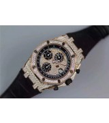 Audemars Piguet Royal Oak 26067 Swiss Automatic Watch-Full Diamonds Bezel-Black Leather Bracelet