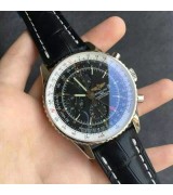 Breitling Navitimer Swiss 7750 Chronograph-Full Black Dial with Stick Markers-Black Leather Bracelet