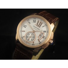 Cartier Calibre De Cartier Swiss 2824 Automatic White Dial Rose Gold Brown Leather