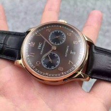 IWC Portuguese 7 Days Automatic Watch Rose Gold Brown Dial Black Leather 