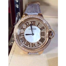 Cartier Ballon Bleu Swiss Quartz Full Diamonds Women watch-Roman Numeral Hour Markers-Leather Bracelet